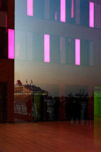 Reflection,cruise ship Queen Mary 2 departing at night with accompanying ships,Port of Hamburg,Germany,Europe Reflection,cruise ship Queen Mary 2 departing at night with accompanying ships,Port of Hamburg,Germany,Europe